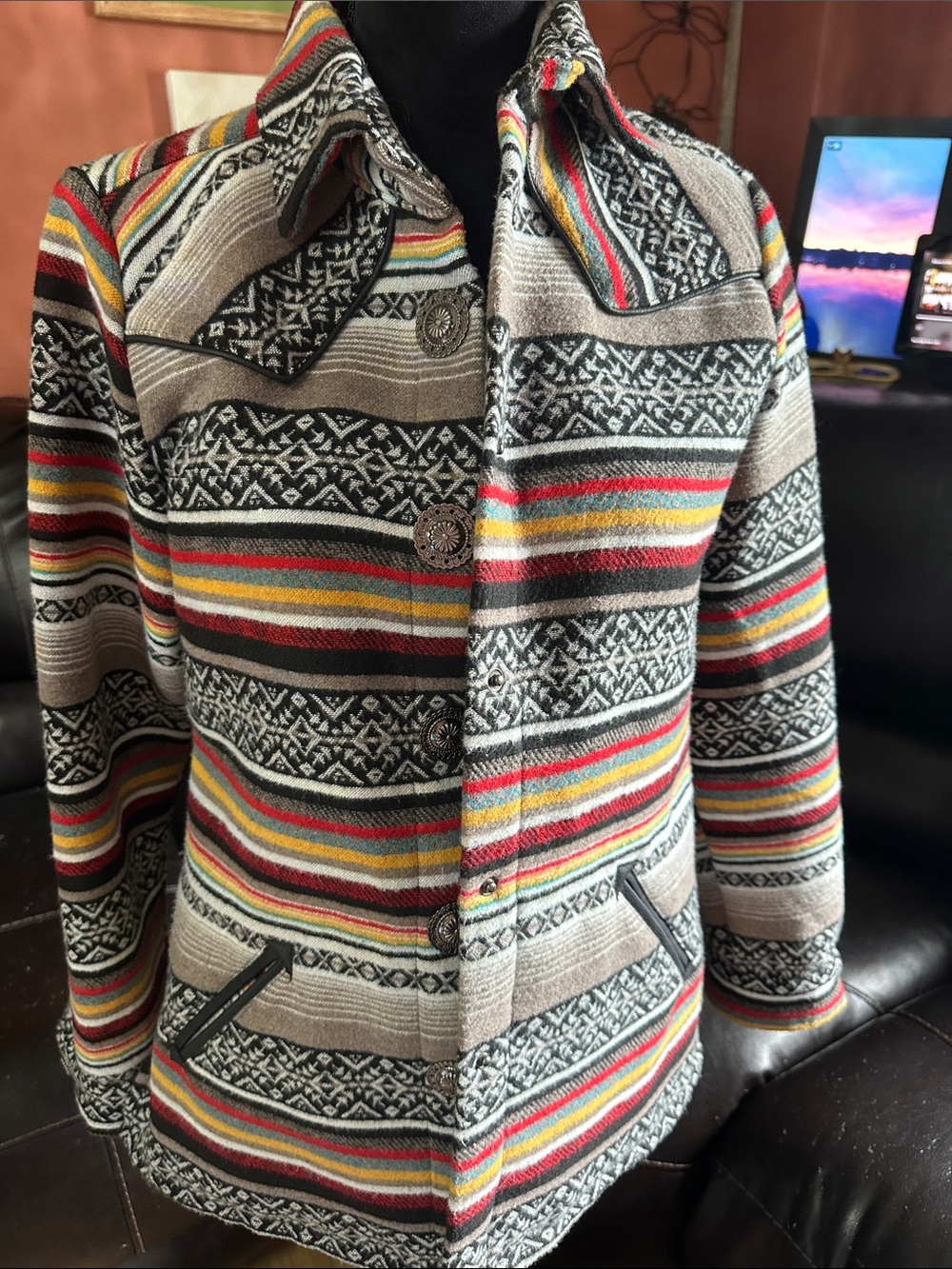 Striped Multicolor Trench Coat with Geometric Accent